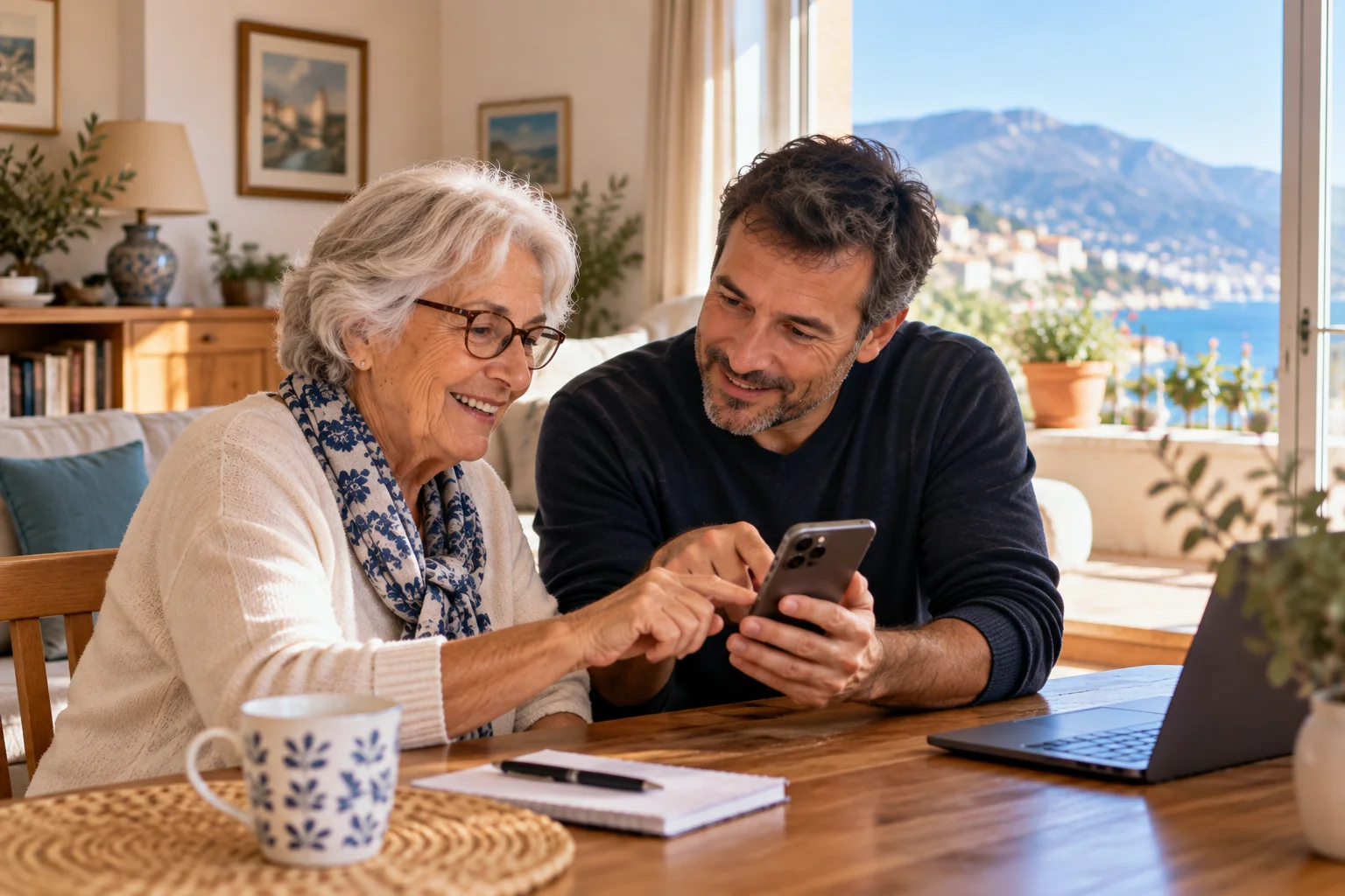 Illustration générée par IA : une senior utilise une tablette avec un accompagnant à domicile.