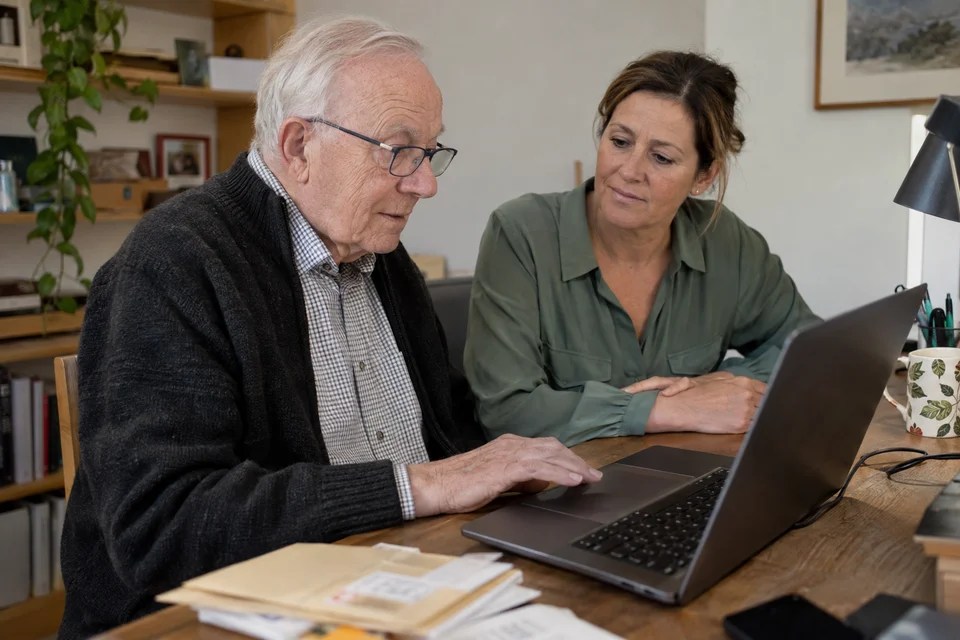 Un senior utilise son ordinateur pour une démarche en ligne, accompagné à domicile.