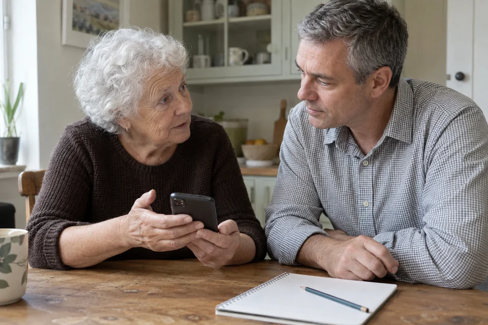 Une senior échange avec un accompagnant sur les bons réflexes de sécurité numérique.