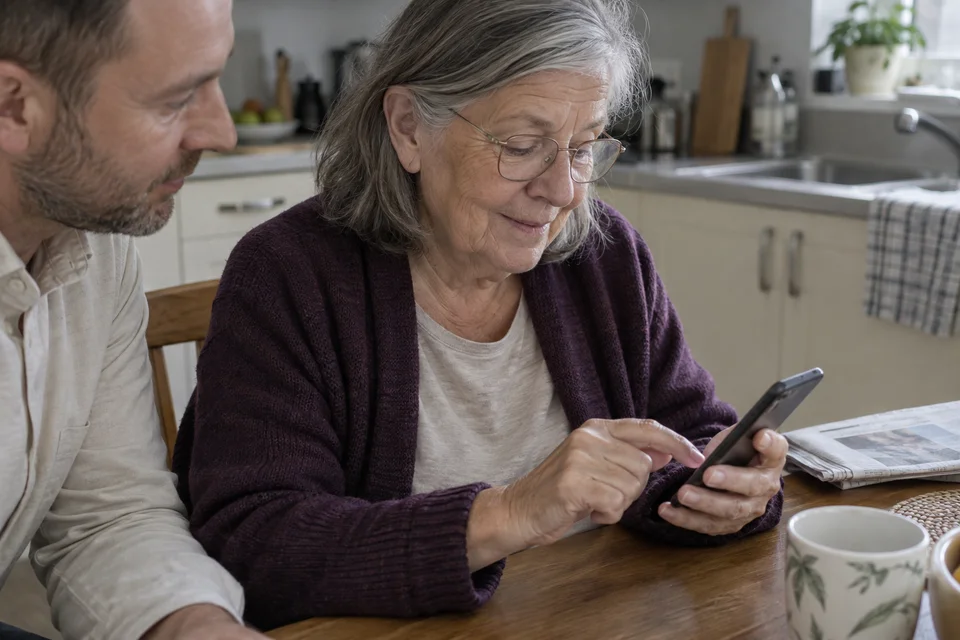 Une senior apprend à utiliser son smartphone avec un accompagnant.